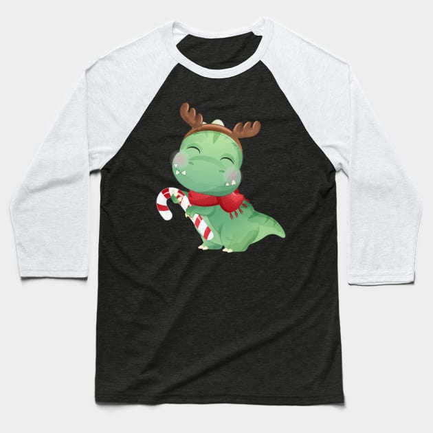 Cute Christmas T Rex Dinosaur Holding Candy Cane Baseball T-Shirt by P-ashion Tee
